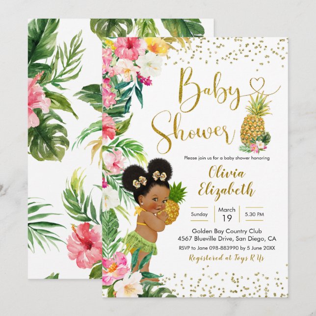Invitation Aloha Pineapple Afrique Afro Girl Baby shower (Devant / Derrière)