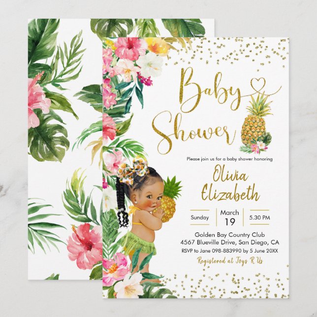 Invitation Aloha Pineapple Baby shower Africain Fille (Devant / Derrière)