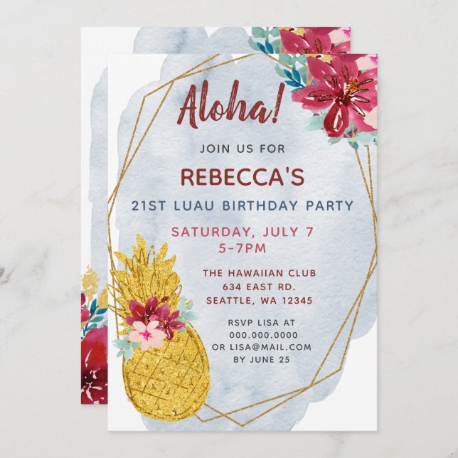 Invitation Aloha Pineapple Luau fête d'anniversaire (Devant / Derrière)
