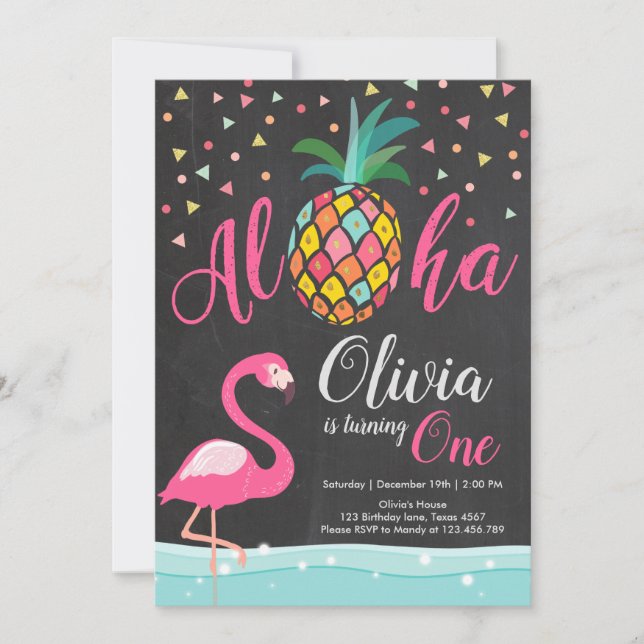 Invitation Aloha rose d'invitation d'anniversaire de Flamant (Devant)