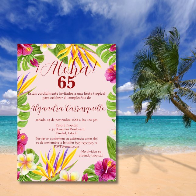 Invitation Aloha rose espagnol élégant 65ème anniversaire (Créateur téléchargé)