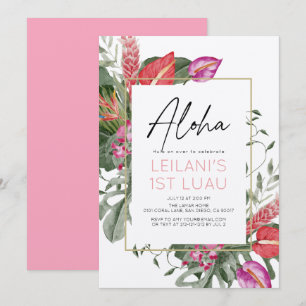 Invitation Aloha Rose et Rouge Fleur Tropicale Fille 1er Anni