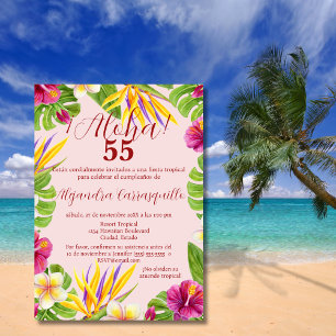 Invitation Aloha rose hawaïen espagnol coloré 55ème anniversa