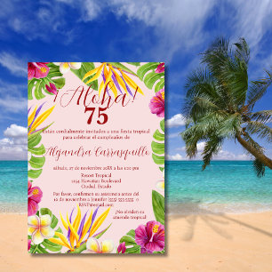Invitation Aloha rose hawaïen espagnol Elégant 75ème annivers