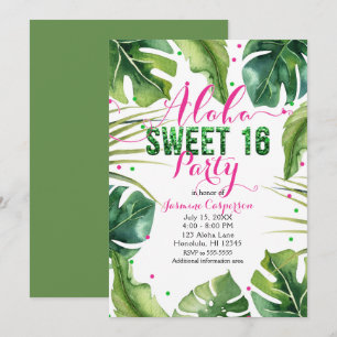 Invitation ALOHA SWEET 16 Seize Feuilles Tropicales Rose Vert
