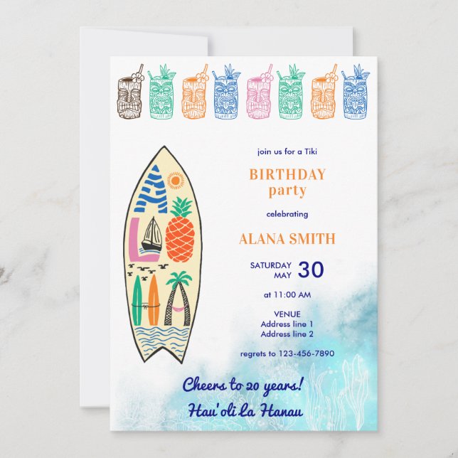Invitation Aloha TIKI Tropical Luau Hawaiian Birthday Party (Devant)