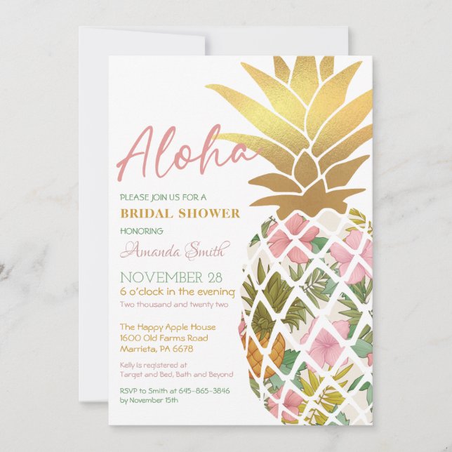 Invitation Aloha Tropical Ananas Fête des mariées feuille or (Devant)