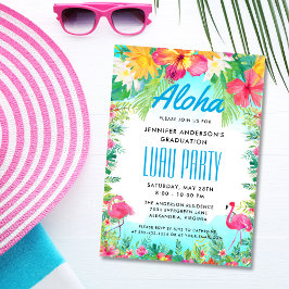 Invitation Aloha Tropical Flamant rose Graduation Luau Parti