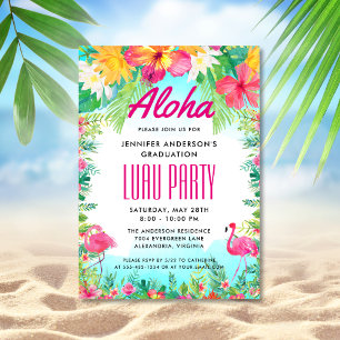 Invitation Aloha Tropical Flamant rose Graduation Luau Parti