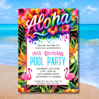 Invitation Aloha Tropical Flamingo Birthday Pool Party