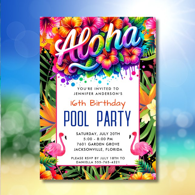 Invitation Aloha Tropical Flamingo Birthday Pool Party  (Créateur téléchargé)