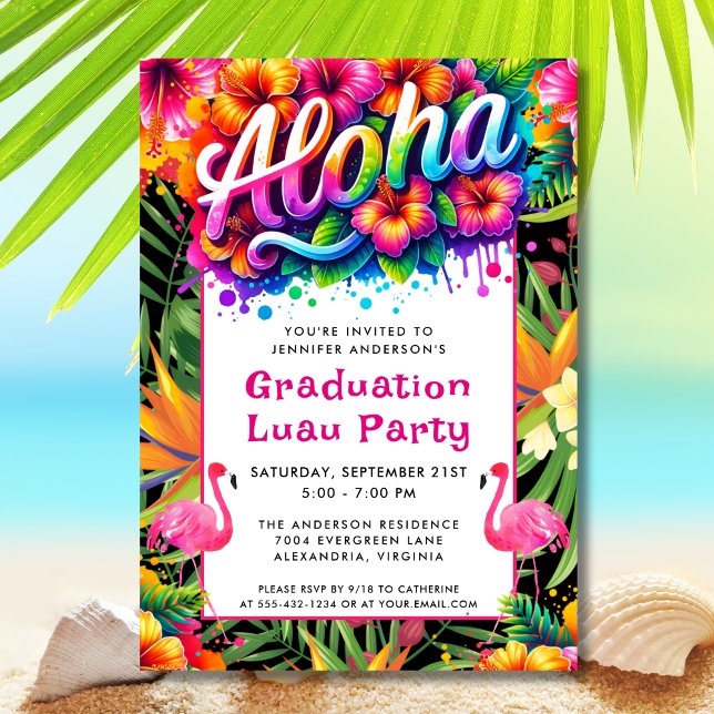 Invitation Aloha Tropical Flamingo Graduation Luau Party (Créateur téléchargé)