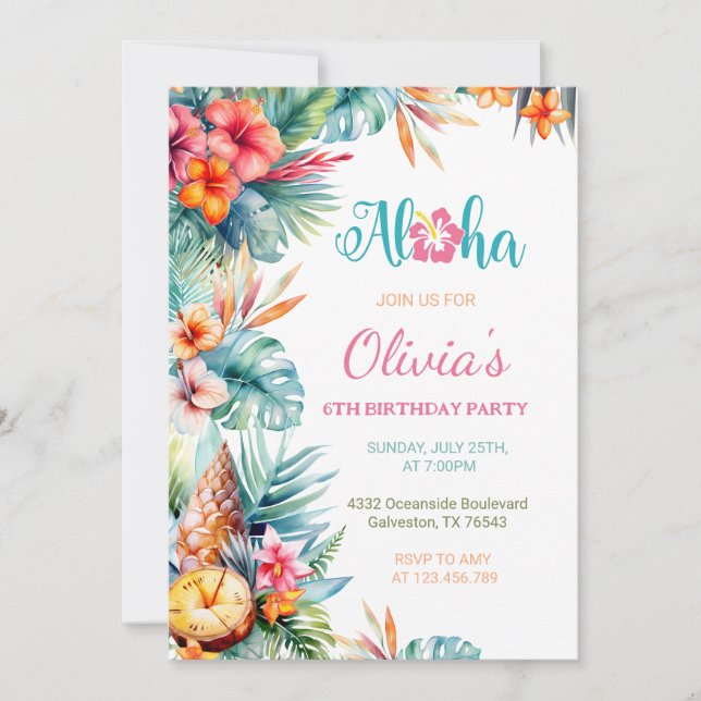 Invitation Aloha Tropical Hawaiian Floral Girl Anniversaire (Devant)