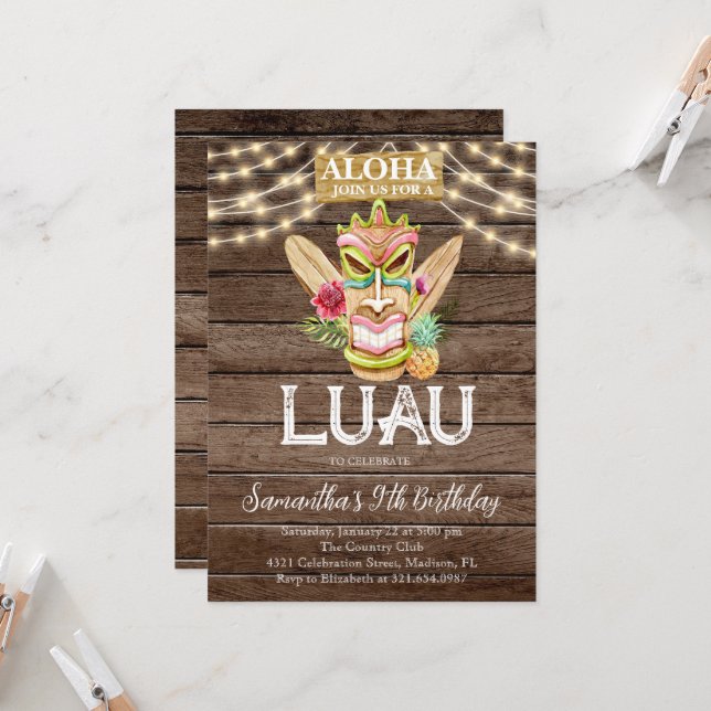 Invitation Aloha Tropical Hawaiian Tiki Luau fête d'anniversa (Devant/Arrière en situation)