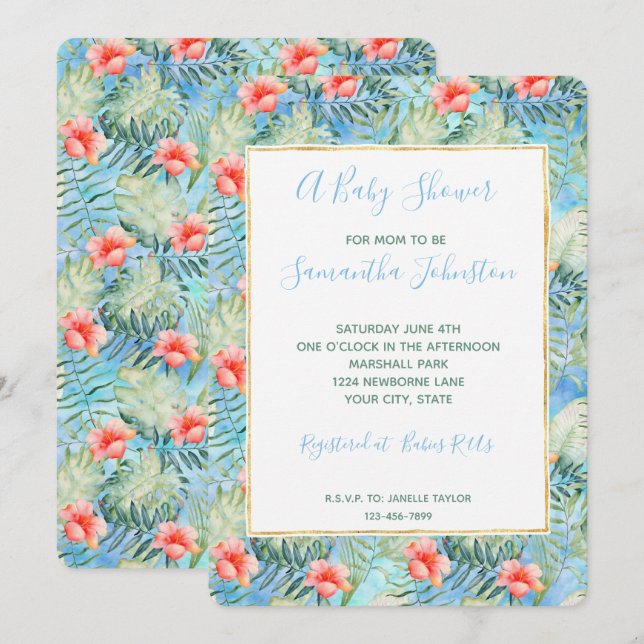 Invitation Aloha tropical Hibiscus Baby shower floral (Devant / Derrière)