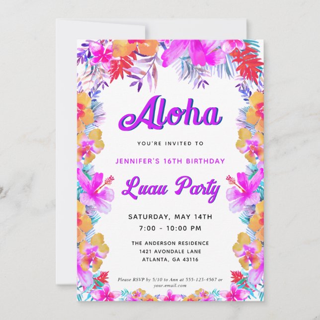 Invitation Aloha Tropical Hibiscus Luau fête d'anniversaire (Devant)