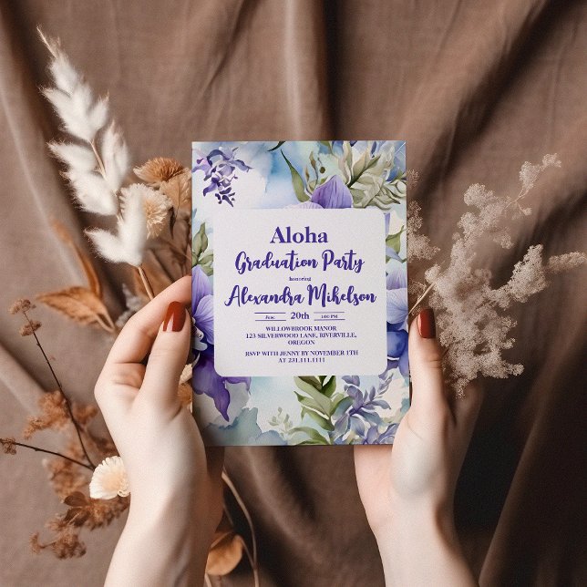 Invitation Aloha Tropical Luau Party Graduation violet (Créateur téléchargé)
