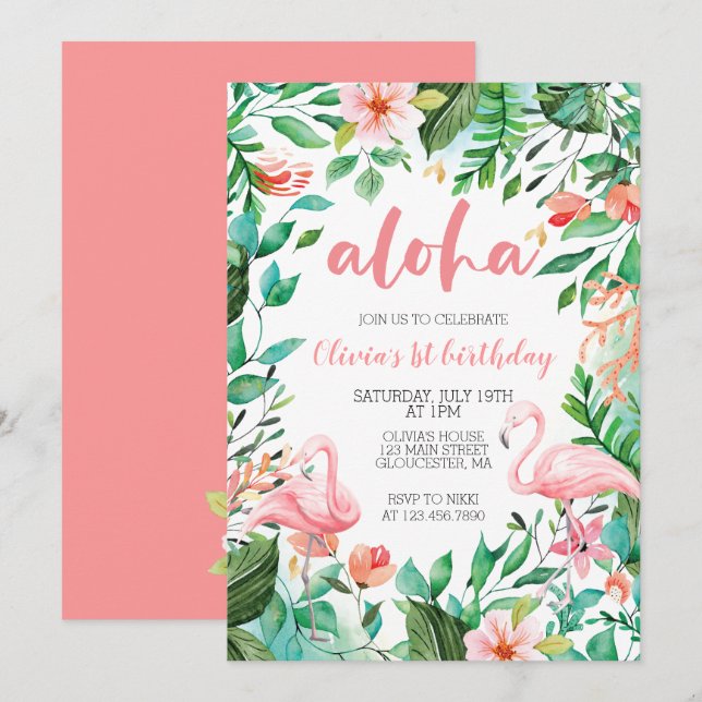 Invitation Aloha Tropical premier anniversaire flamingo luau (Devant / Derrière)