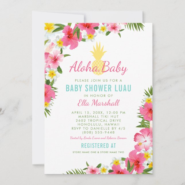 Invitation Aloha Tropical Rose Floral Baby shower d'ananas (Devant)