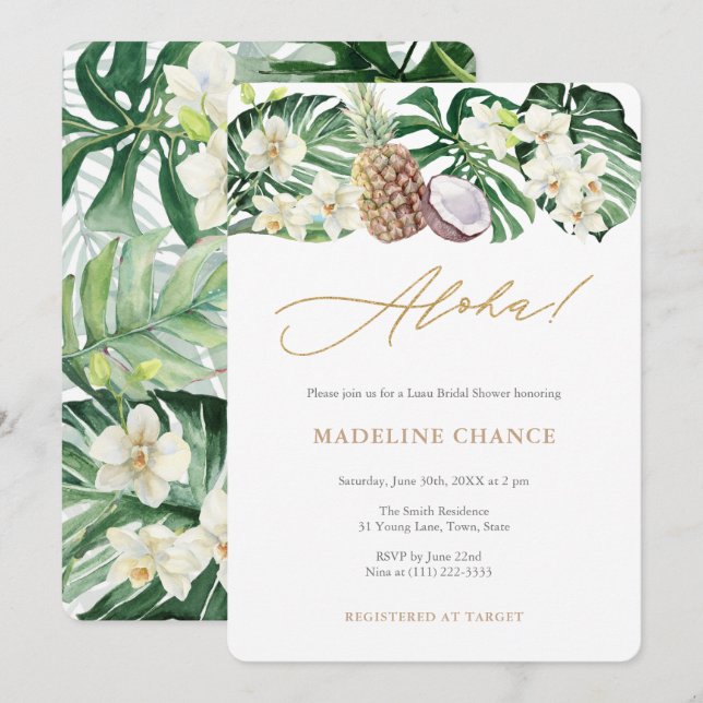 Invitation Aloha Tropical White Green Fête des mariées Party (Devant / Derrière)