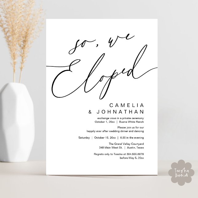 Invitation Alors, Nous Avons Été Moderne Romantique Dîner Mar (So, We Eloped, Modern Romantic Wedding Dinner Brunch Lunch Party Invitation Card PDF Black White)