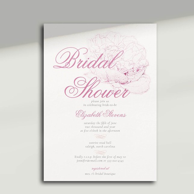 Invitation Alors Pink Peony Calligraphie Élégante Fête des ma (pink peony bridal shower invitation formal traditional calligraphy modern classic)