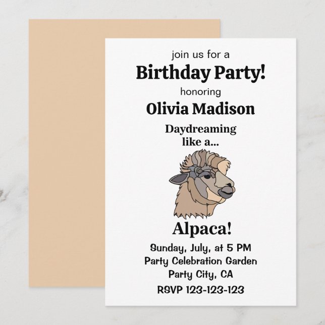 Invitation Alpaca Llama Funny Birthday Party (Devant / Derrière)