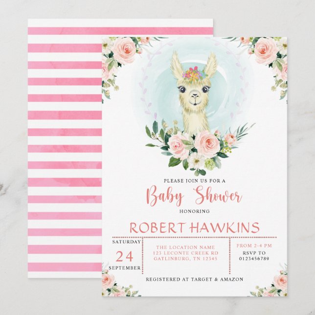 Invitation Alpaca Llama rose Floral Baby shower fille (Devant / Derrière)