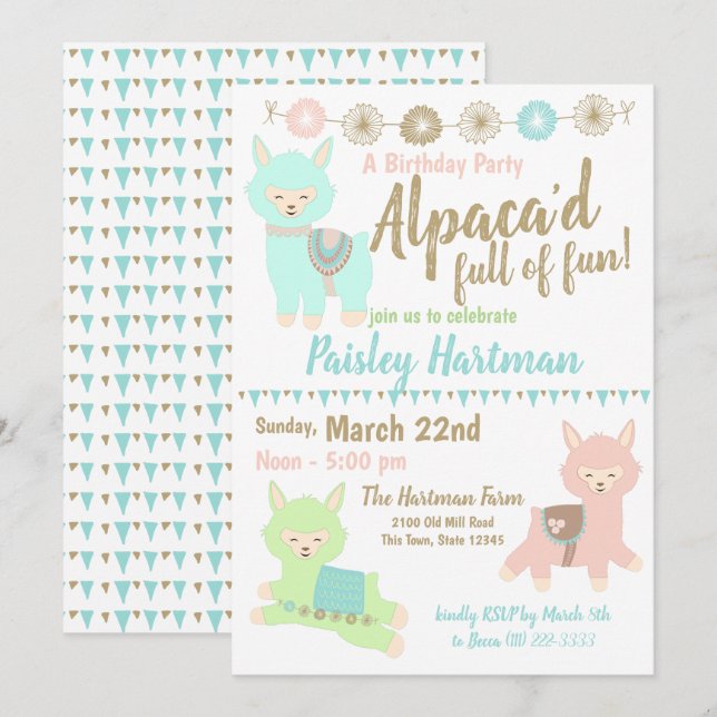 Invitation Alpaca plein d'amusement fête d'anniversaire (Devant / Derrière)