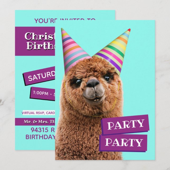 Invitation Alpaca portant des chapeaux de fête (Devant / Derrière)