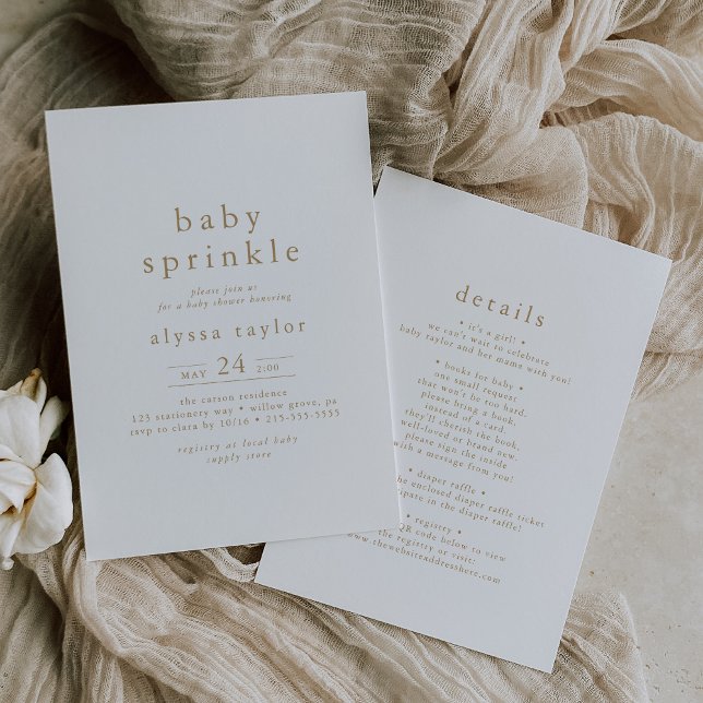 Invitation ALYSSA Blanc Or Moderne Boho Simple Baby Sprinking (ALYSSA White Gold Modern Boho Simple Baby Sprinkle Invitation)