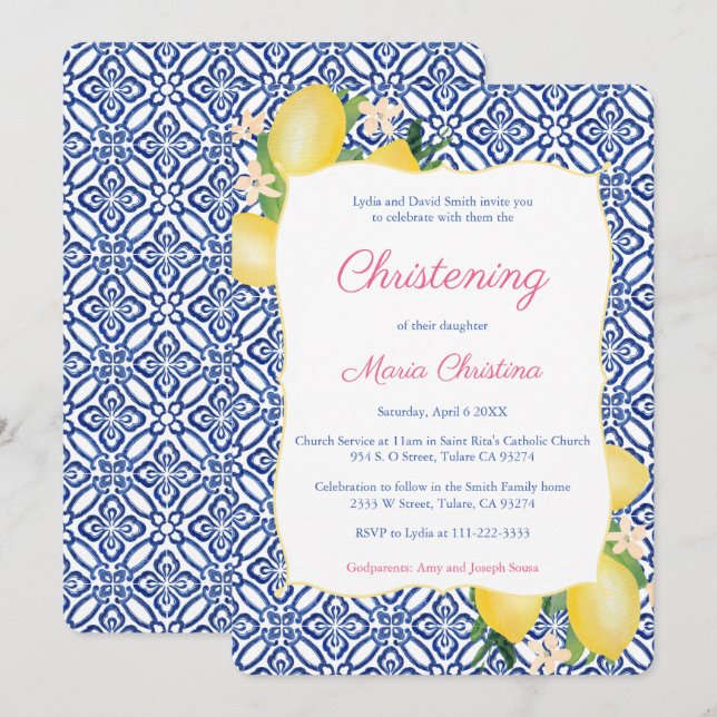 Invitation Amalfi Citrons Italien Fille Christening Célébrati (Devant / Derrière)