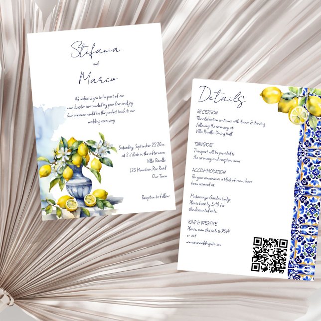 Invitation Amalfi citrons italiens de tuiles bleues tout en u (Amalfi Italian blue tiles lemons all in one wedding Invitation template instant download)