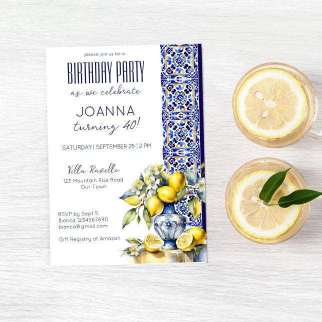 Invitation Amalfi Italie en tuiles bleues citrons fête d'anni (Italian themed blue tiles and lemons birthday party editable template invitation instant download)