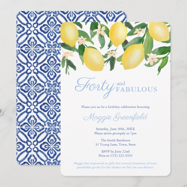 Invitation Amalfi Lemons Milestone Femme 40e anniversaire fêt (Devant / Derrière)