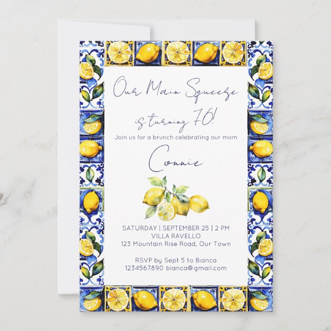 Invitation Amalfi Positano tuiles bleues citrons fête d'anniv (Devant)
