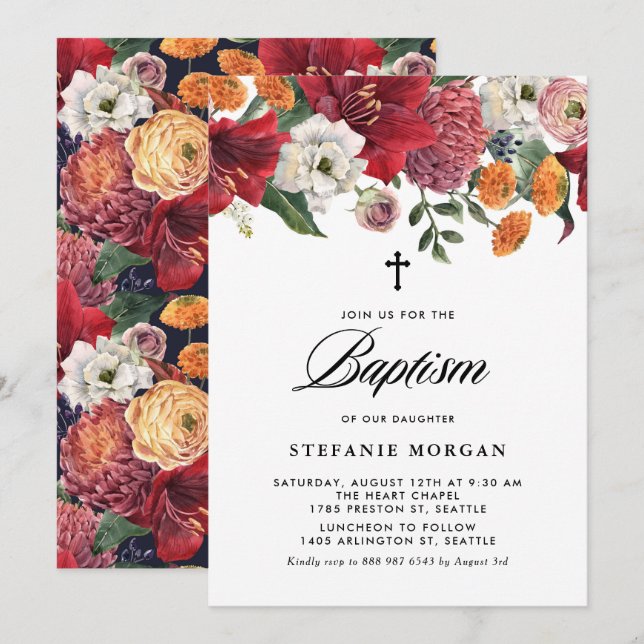 Invitation Amaryllis botanique et baptême de chrysanthème (Devant / Derrière)