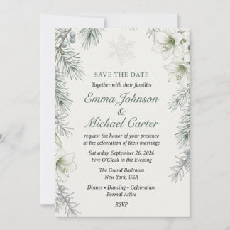 Invitation Amaryllis d'hiver, pin, baies, flocon de neige et 