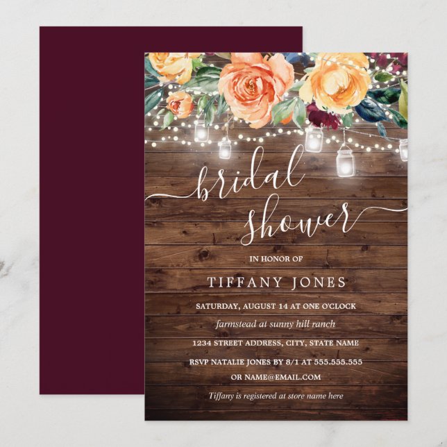 Invitation Amber Bourgogne Floral Rustic Wood Fête des mariée (Devant / Derrière)