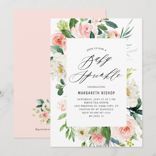 Invitation Ambiance romantique Aquarelle Pêche Florales Bébé  (Devant / Derrière)