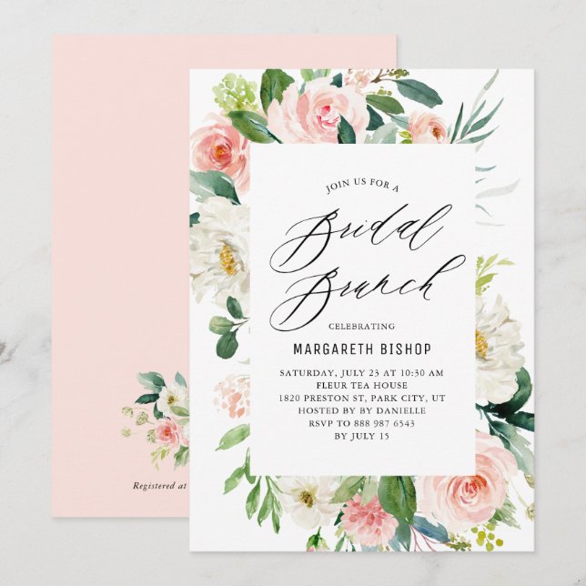 Invitation Ambiance romantique Peach Florals Brunch nuptial (Devant / Derrière)