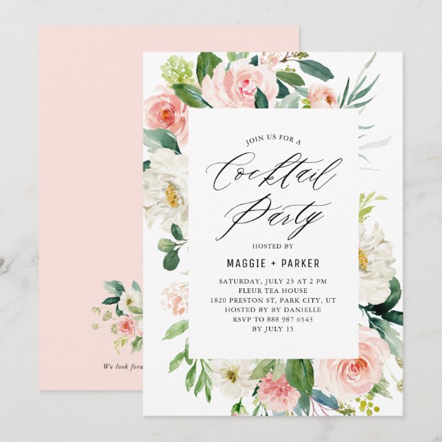 Invitation Ambiance romantique Peach Florals Cocktail Party (Devant / Derrière)