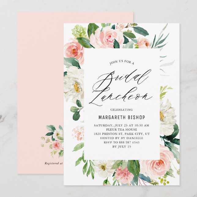 Invitation Ambiance romantique Peach Florals Déjeuner nuptial (Devant / Derrière)
