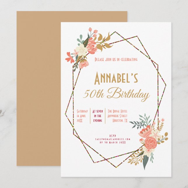 Invitation Ambrose Coral Cadre géométrique floral 50e anniver (Devant / Derrière)