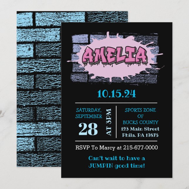 Invitation AMELIA Votre nom Filles Hip hop de graffiti rose (Devant / Derrière)