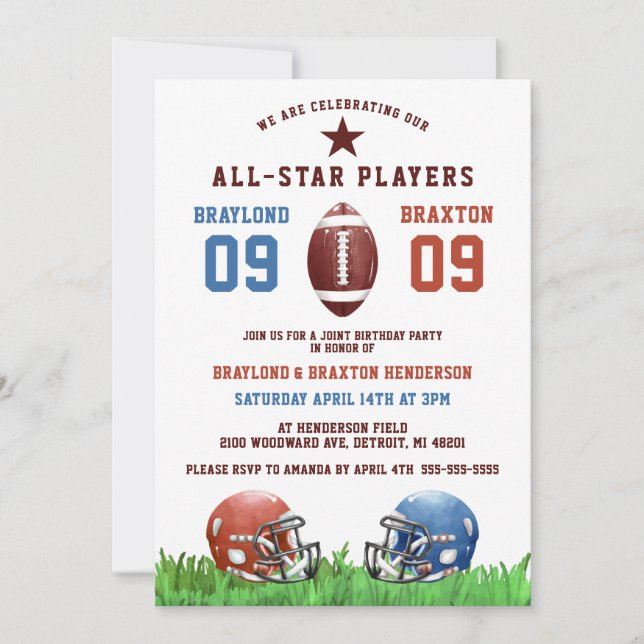 Invitation American Football Twins ou Joint Anniversaire (Devant)