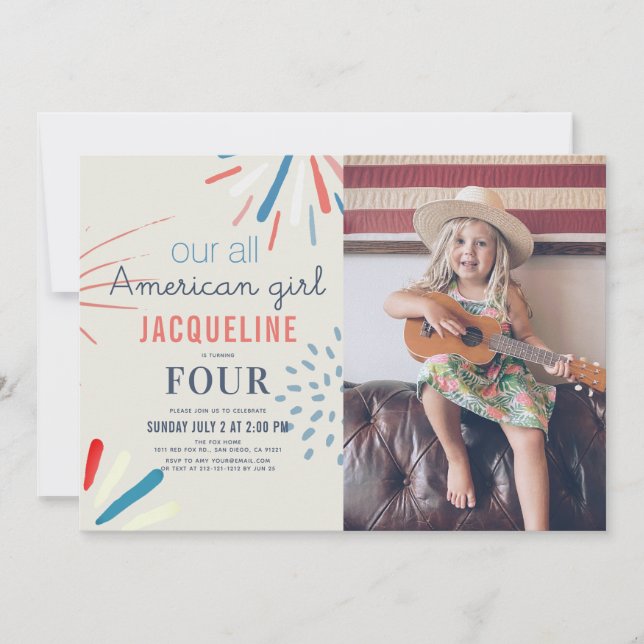 Invitation American Girl 4 juillet Feu d'artifice Anniversair (Devant)