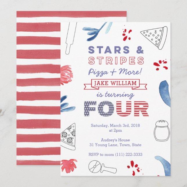 Invitation American Pizza Party pour garçon ou fille 4e anniv (Devant / Derrière)
