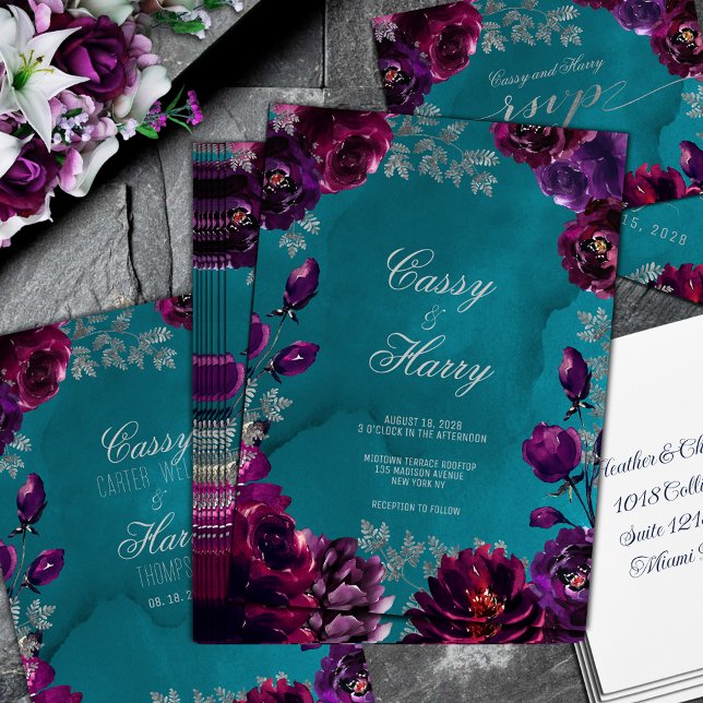Invitation Amethyst Garnet Turquoise Jewel Tone Mariage (Amethyst Garnet Teal Jewel Tone Wedding Invitation in deep purple amethyst and garnet burgundy red)