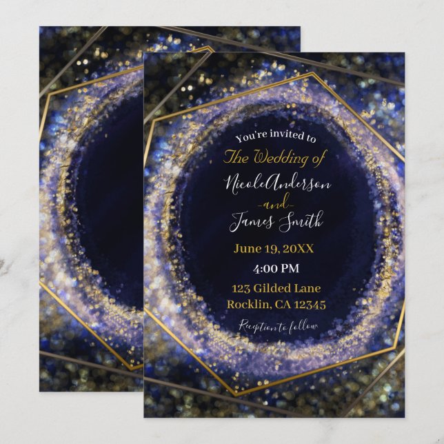 Invitation Amethyst Purple Gold Moderne Abstrait Mariage de g (Devant / Derrière)